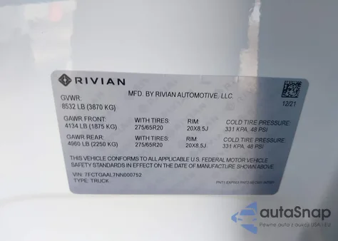 2022 Rivian R1T Launch Edition z USA, uszkodzony, nr VIN 7FCTGAAL7NN000752
